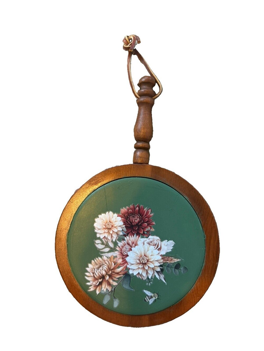 Vintage Green Floral Wood & Ceramic Trivet, Tile Top, cottagecore